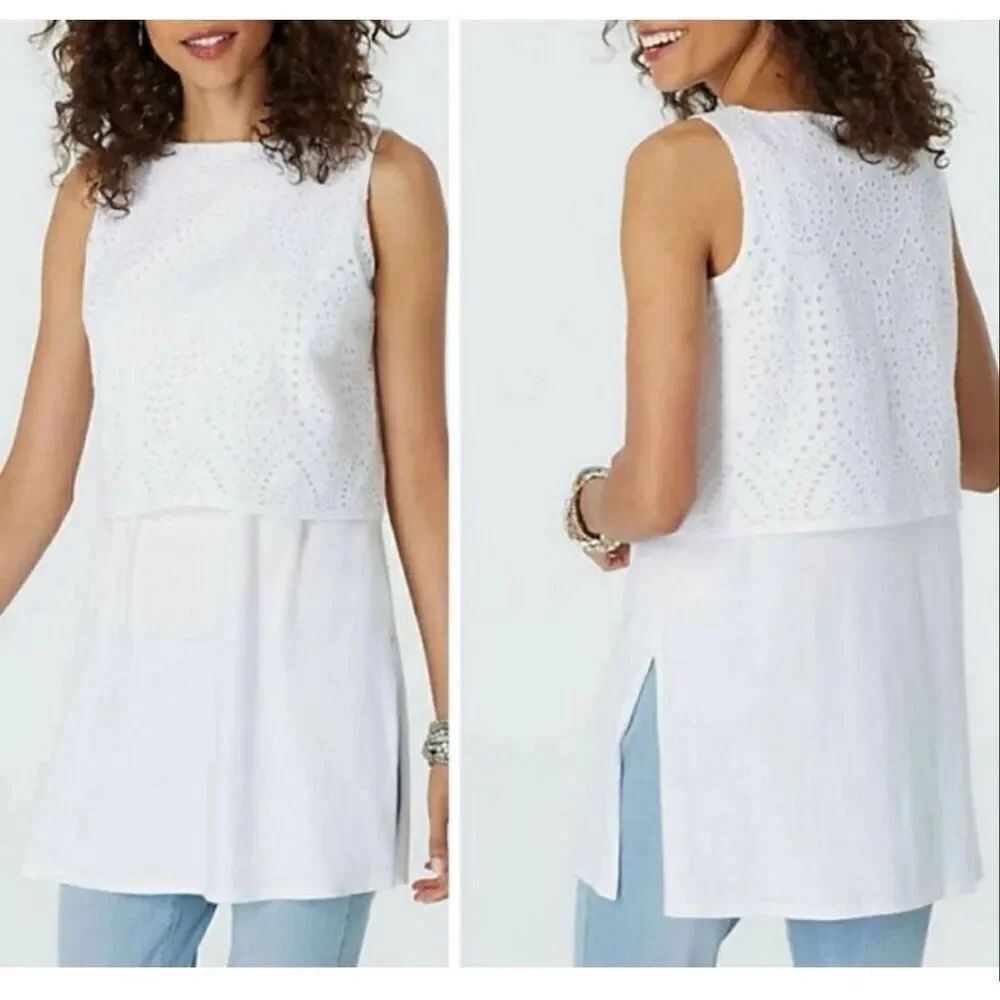 J. Jill Sz White Eyelet Lace Layered cotton tunic Tank Top Womens size L